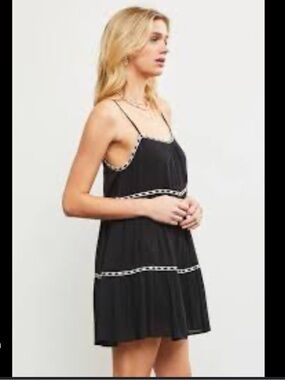 Black Spaghetti Strap Tiered Mini Romper with White Trim